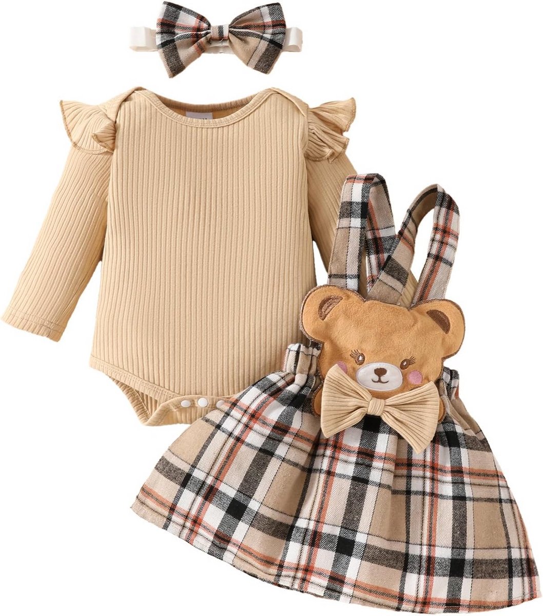 Schattige Lange Mouwen Outfit voor Pasgeboren Meisjes met Berenprint en Plaidrok