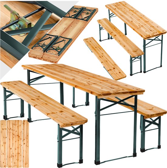 tectake® Biertafel met 2 Banken - 8 personen - 170 cm lang - 3-delige Biertafelset met inklapbare Tafel en Bierbanken - Tuintafel - Bierbank Oktoberfest - Picknicktafel