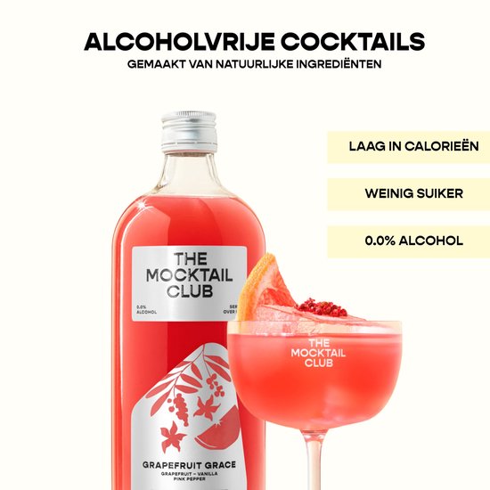Fles met grapefruit mocktail naast een glas, met de tekst 'Alcoholvrije cocktails' en voedingsinformatie.