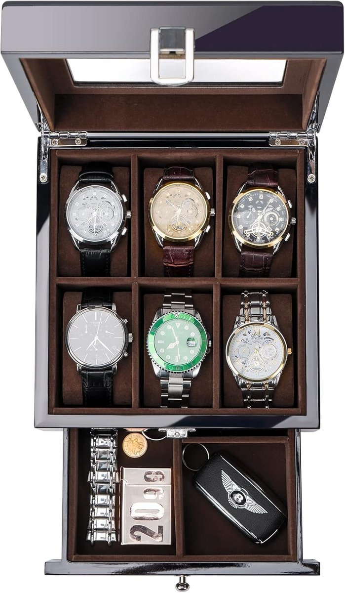 Houten Horlogedoos met 6 Compartimenten voor Mannen - Luxe Horloge Organiser met Glazen Dekkings - 2 Laags Display Doos voor Polshorloges - Vaderdag Cadeau - Zwart