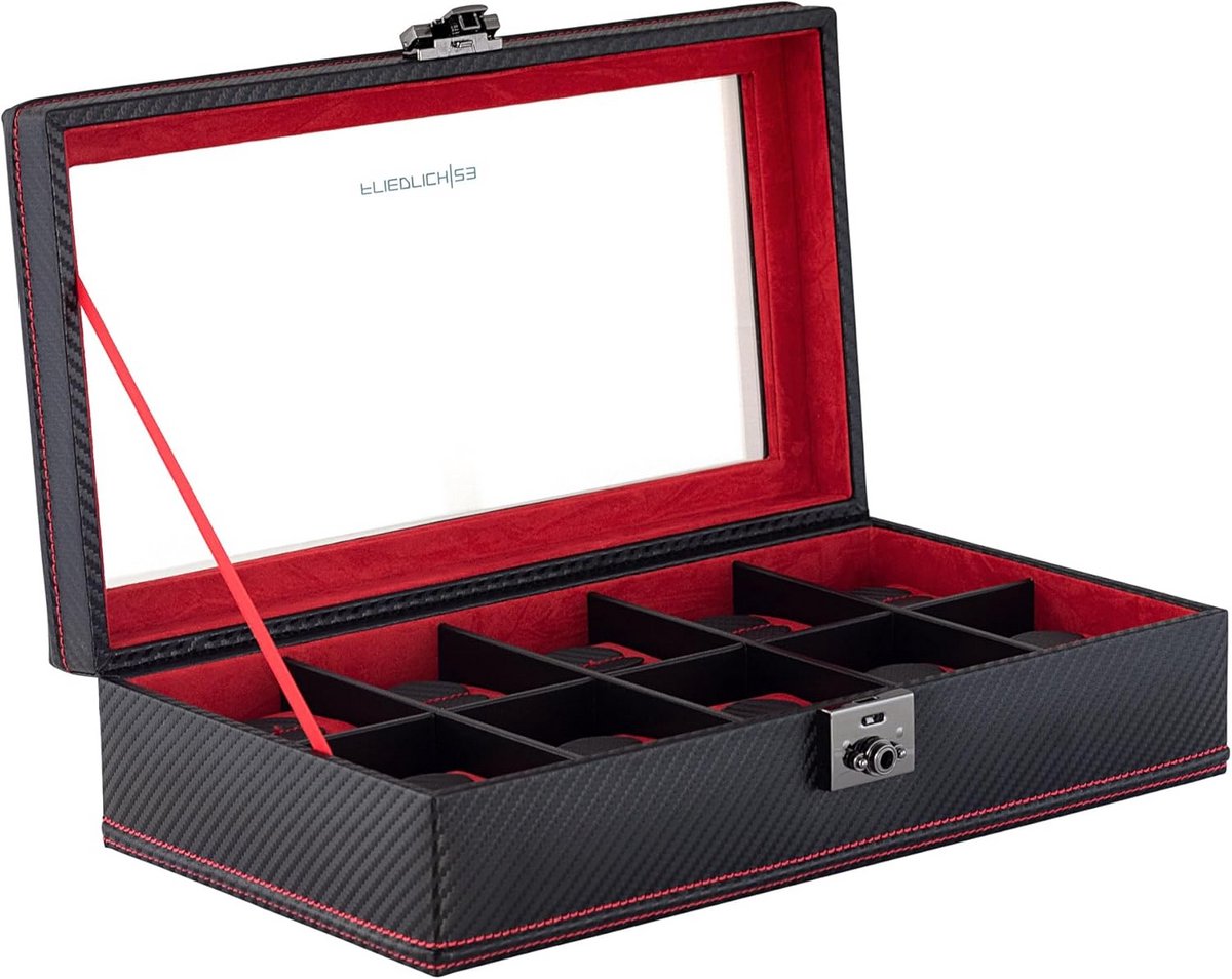 Horlogedoos met Carbon Look voor 10 Horloges - Afsluitbaar en Van Fijn Synthetisch