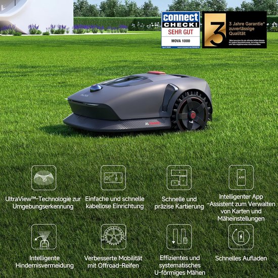 Robotmaaier 1000 m² met 360° 3D LiDAR, draadloze installatie, obstakeldetectie, off-road wielen, U-vormig maaisysteem