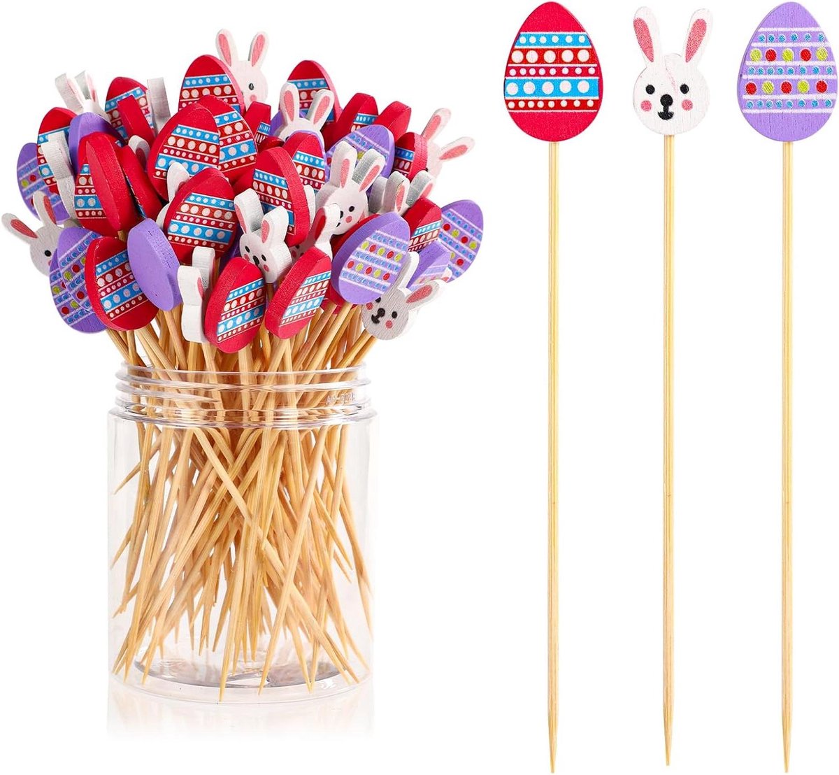 Allecta - Paasdecoratie: 100 houten Paascocktailprikkers van 12cm - Konijnen- en Eiertandenstokers - Lang en decoratief - Paasfruitstokjes voor taart, dessert en fruit - Paasfeestdecoraties.