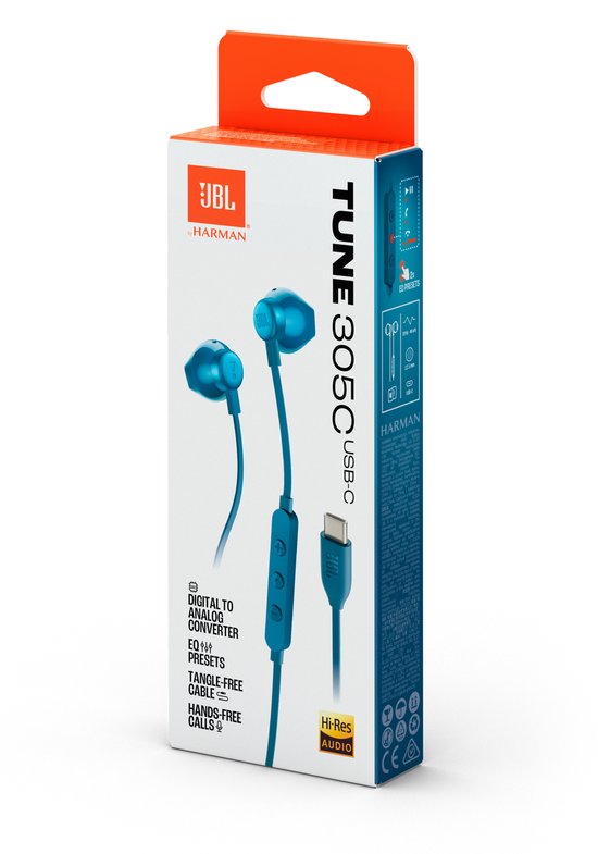 Verpakking van JBL Tune 305C USB-C oordopjes in het blauw.