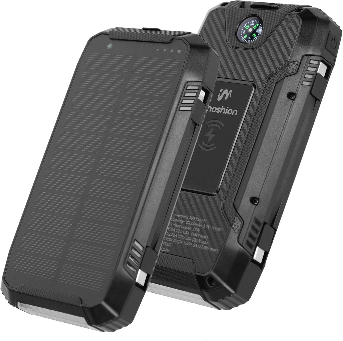 iMoshion Powerbank Zonne-energie - Solar Powerbank 30000 mAh - Snellader & batterij-indicator - Noodpakket met Zaklamp - Wireless Charger en USB-C Kabel- Voor o.a. Apple iPhone & Samsung - Zwart