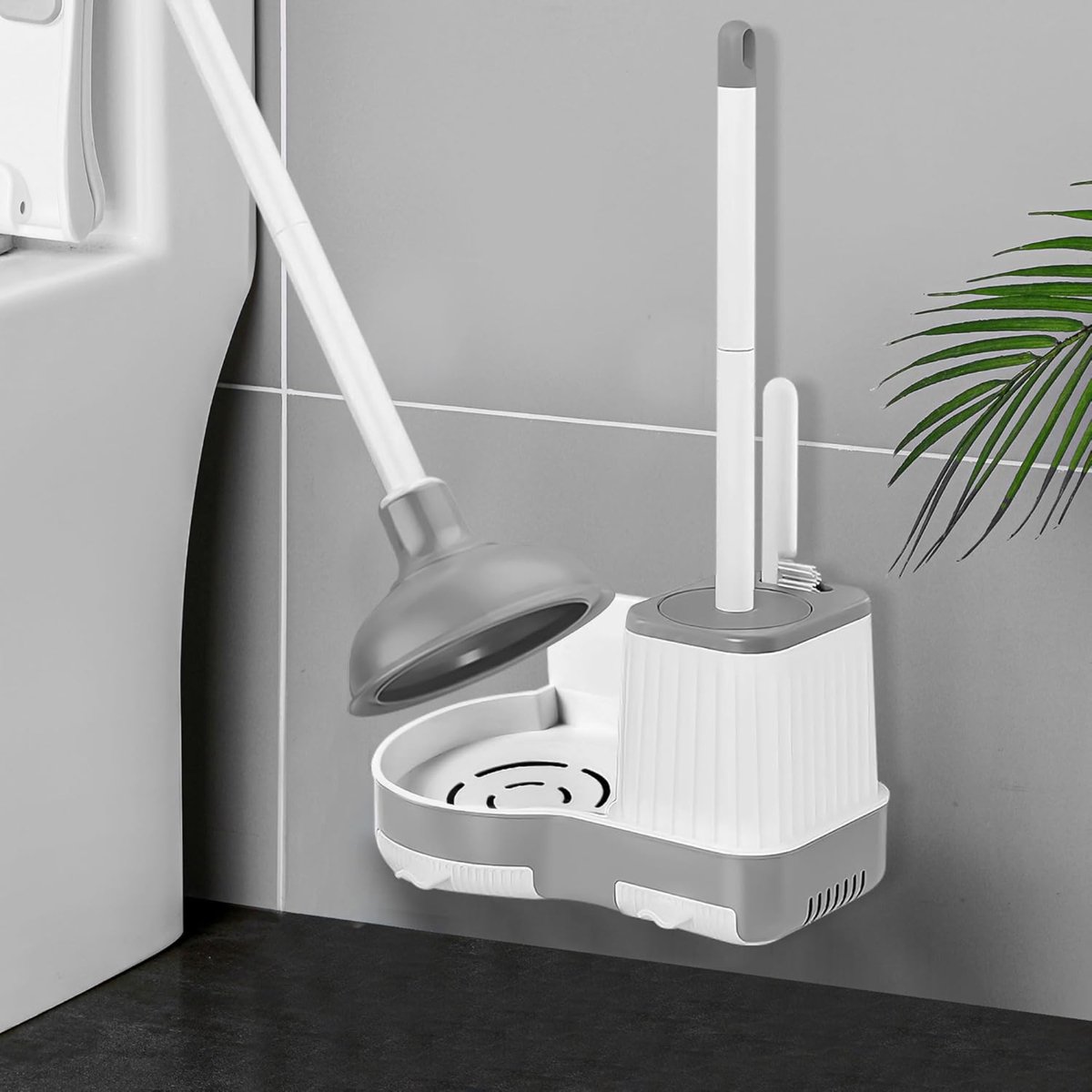 CHIWIN Toiletborstel Set - 3-in-1 Wc Borstel Ontstopper Plopper Set - Met Smalle Randenborstel - Wandmontage of Staand - Ventilerende Houder - Grijs