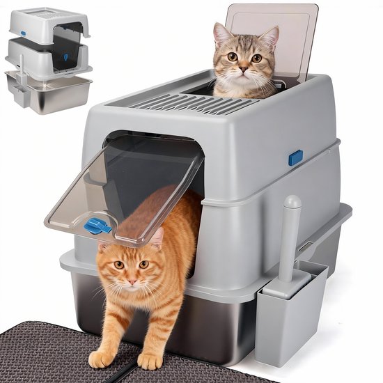 Nobleza 42R - Bac à litière Premium en acier inoxydable - XXL - Avec neutraliseur d'odeurs, pelle à litière et tapis inclus - Pour petits et grands Chats - Capacité 38 L - Groot x 40 x 44 cm - Grijs