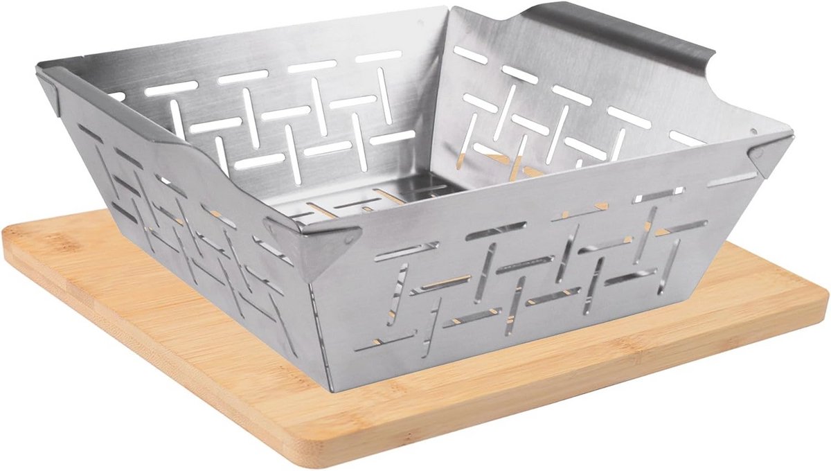 Edelstahl Grillkorb met 2-in-1 Bambusplank voor Perfecte Grillresultaten