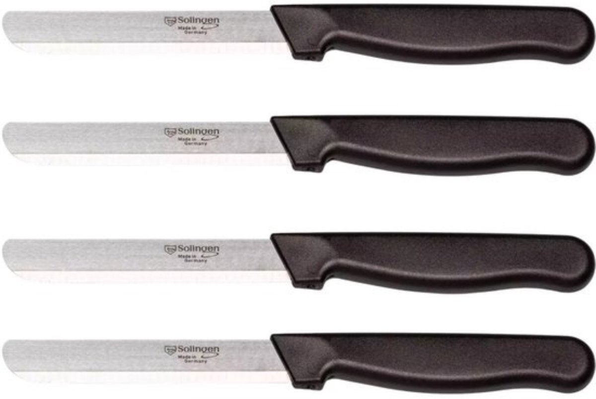 Solingen - Allround Tafelmes Set 4-delig – Microkartel Broodmes en Smeermes in Één – RVS Tafelmes met Brede Smeerkant – Professioneel Keukenmes Made in Germany – Zwart – 21,5 cm – Geschikt voor Brood Groenten Boter - Vlees mes - Dagelijks Gebruik
