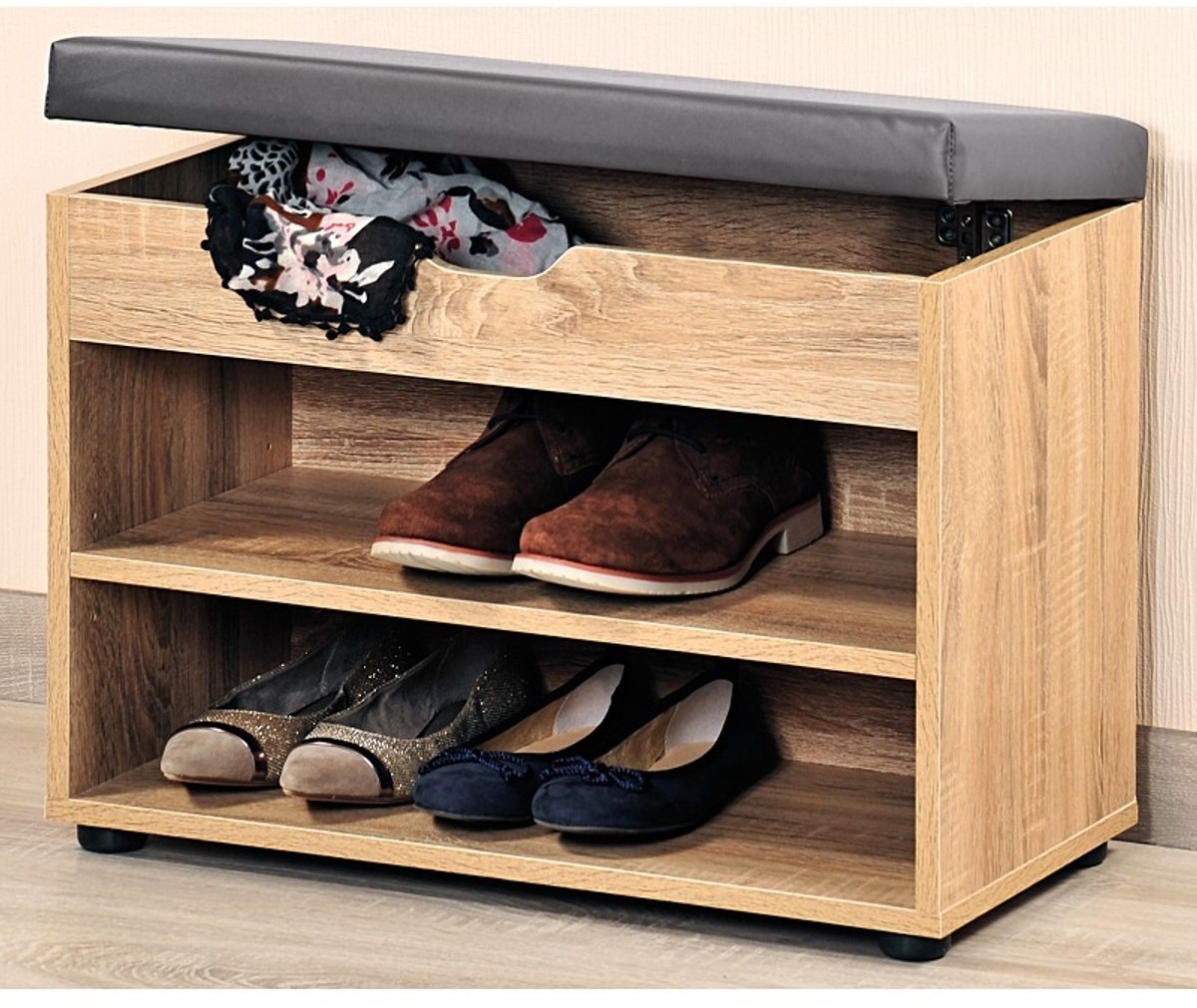 Houten schoenenkast met grijs zitkussen - 60 x 30 x 45 cm - Schoenen opbergers/opbergen - Schoenenkasten/schoenenrekken