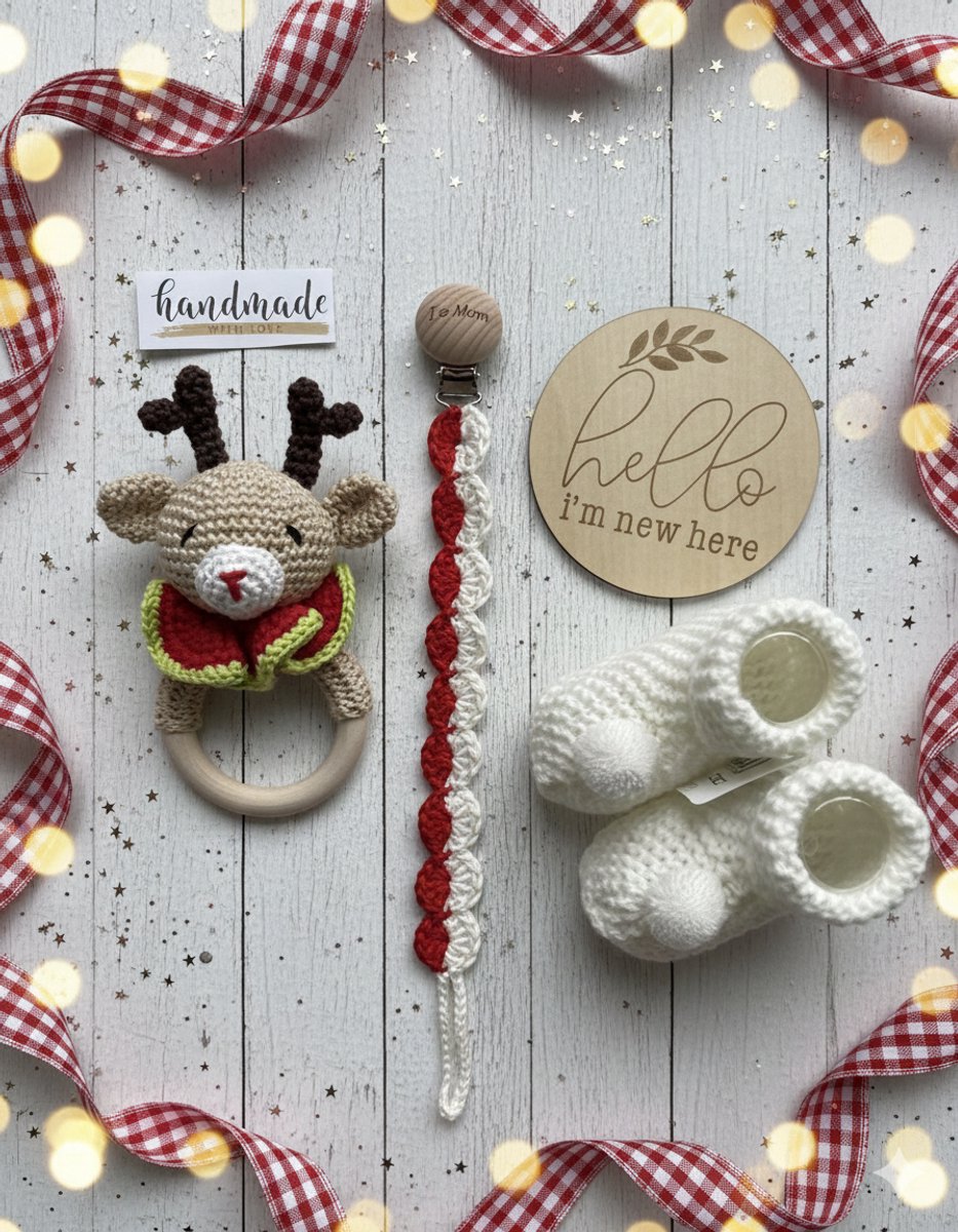 Maminobaby.nl - Kerstcadeau - Hert - Baby Geschenkset meisjes/jongens | Newborn | Handgemaakte Bijtring | Handmade speenkoord | | Handmade haarband | Kraamcadeau | Babyshower