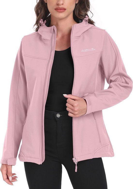ATLASLAVA Softshelljas voor dames, met capuchon, regenjas, fleecejack, wandeljas, gevoerde jassen, outdoor, wandelen, zwartgroen, S