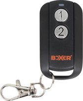 Zwarte Boxer garagedeuropener afstandsbediening met twee knoppen, '1' en '2', en sleutelring met karabijnsluiting.