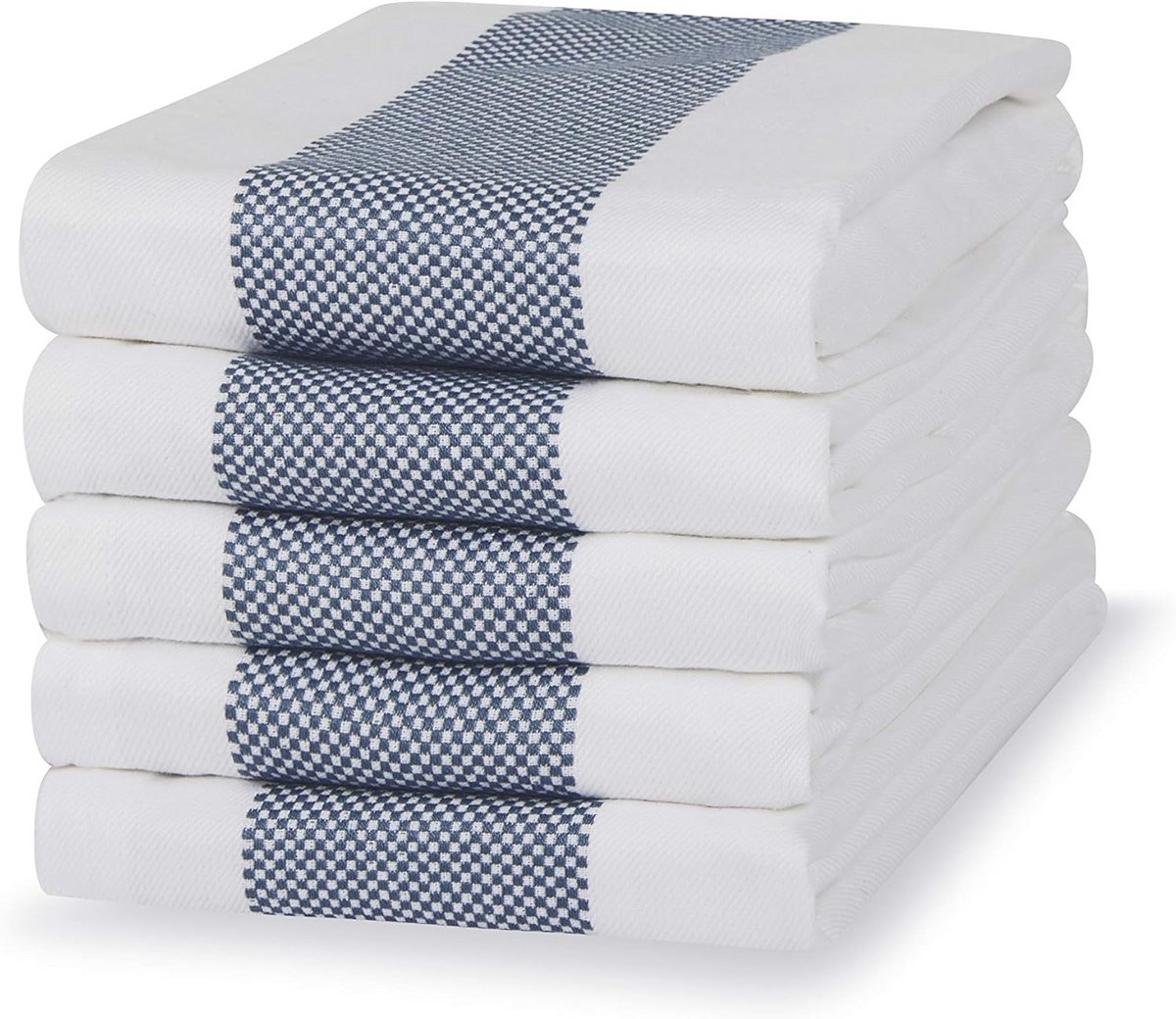 Set van 5 Absorberende Katoenen Keukenhanddoeken - Blauw met Dubbele Streep - 50 x 70 cm