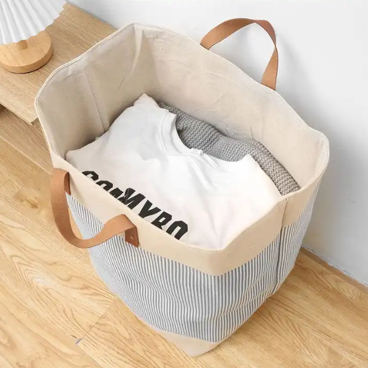 Webzon – Wasmand – Wasmanden – Wasmand inklapbaar – Opvouwbare Wasmand – 30×35×55 cm – Engels design – Jute stof met leren handvatten – Opbergmand – Opvouwbaar en ruimtebesparend – Creme-grijs
