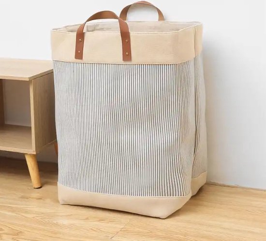 Webzon – Panier à linge – Paniers à linge – Panier à linge pliable – Panier à linge pliable – 30×35×55 cm – Design anglais – Tissu jute avec poignées en cuir – Panier de rangement – Pliable et gain de place – Gris crème