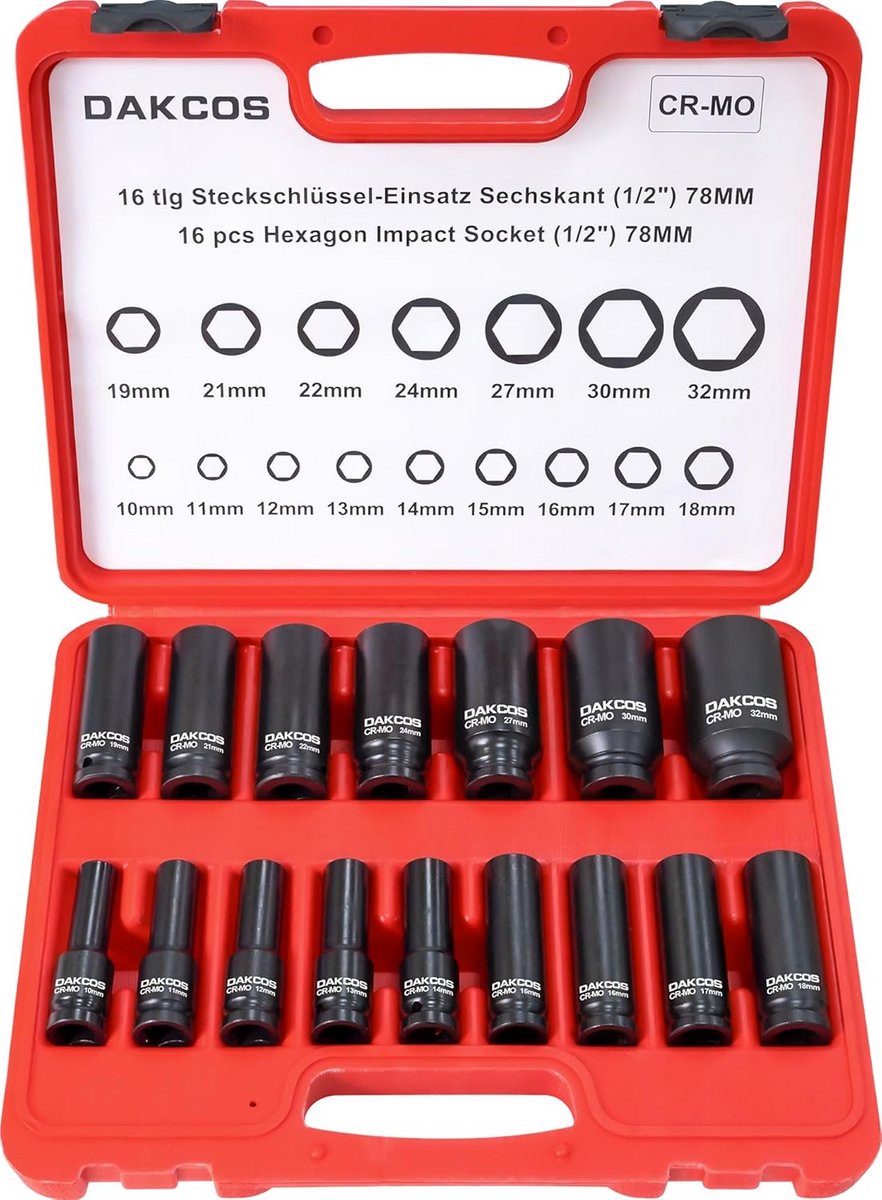 Thijox - 16-delige 1/2" zeskant kracht doppenset - Diepe socket metrisch 10-32 mm voor slagmoersleutel en momentsleutel, gemaakt van duurzaam CR-MO st