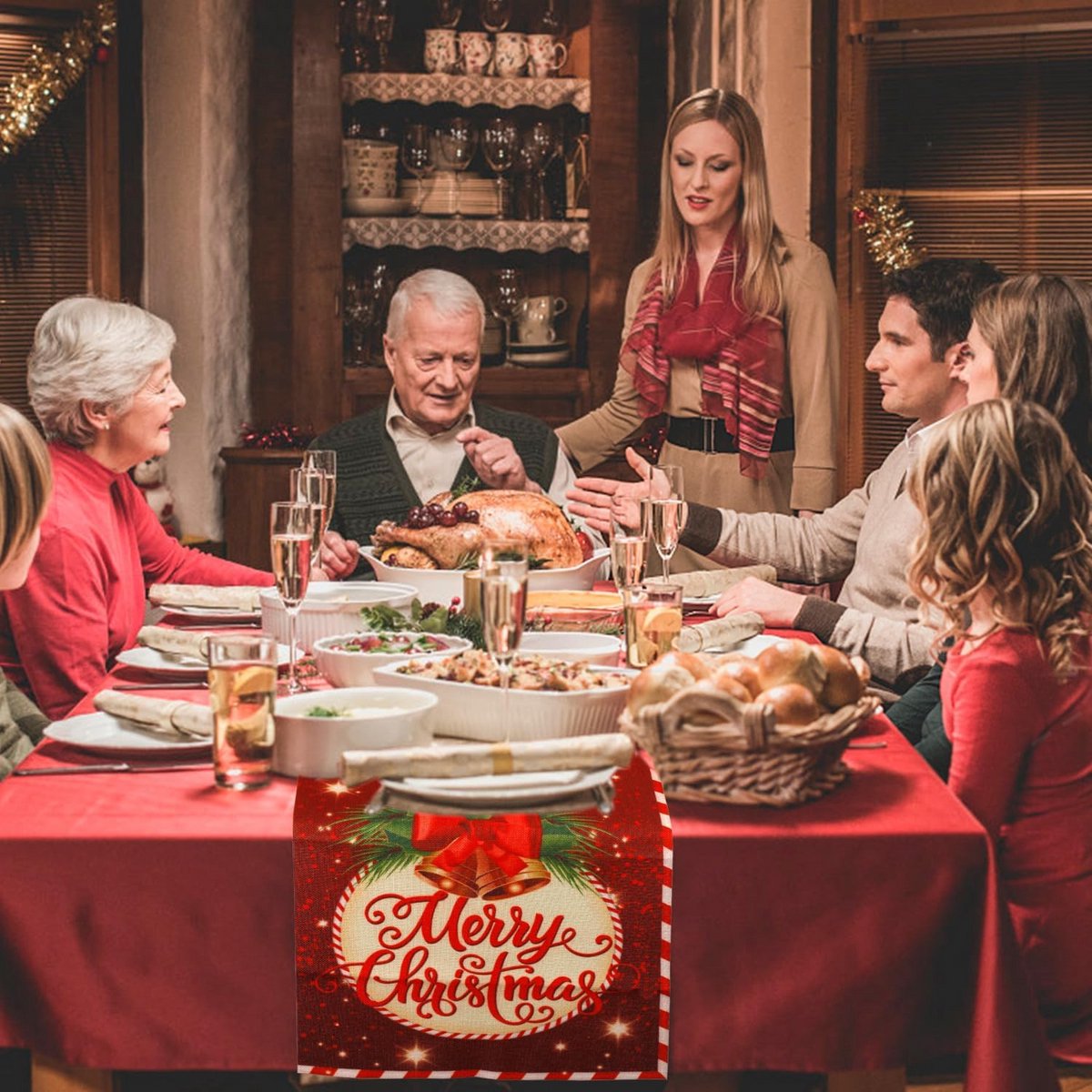 Vrolijke Kerst Tafelloper 184x35cm - Perfecte Linnen Tafelversiering voor Feestdagen