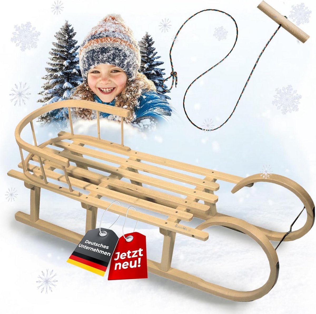 Houten Hoornslee voor 2 Personen met Rugleuning en Trekkoord - 120 cm Beukenhout