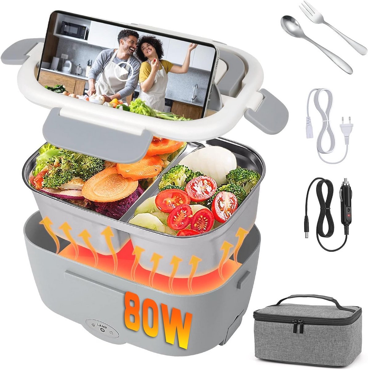 Elektrische lunchbox 3-in-1 voor auto en thuis, voedselverwarmer met roestvrijstalen container, 12V/24V/220V