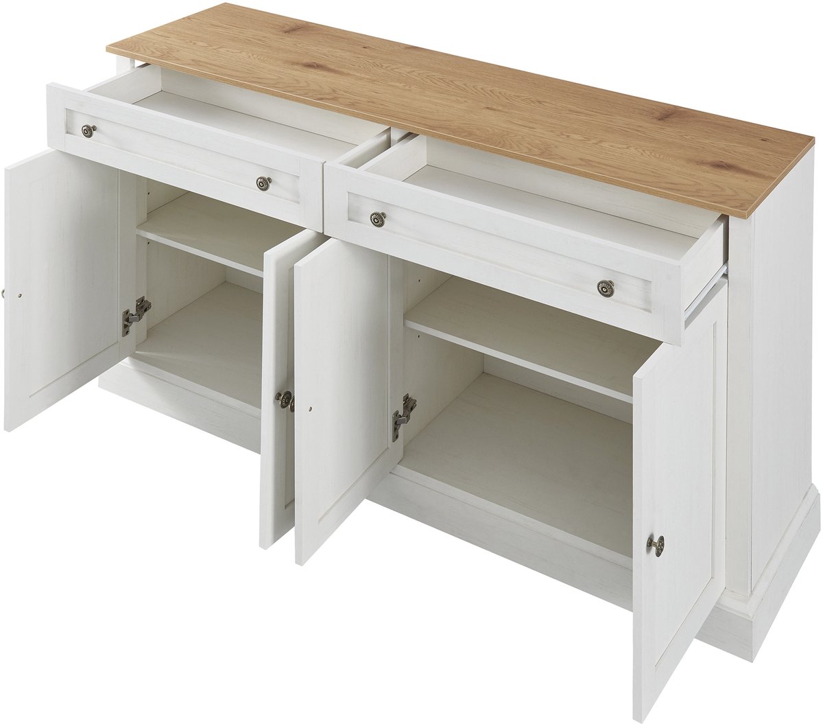 Groot dressoir met 4 deuren en 2 lades, moderne buffetkast voor eetkamer en woonkamer, 150 x 86 x 40 cm (L/B/H) – (Antiek wit + naturel hout)