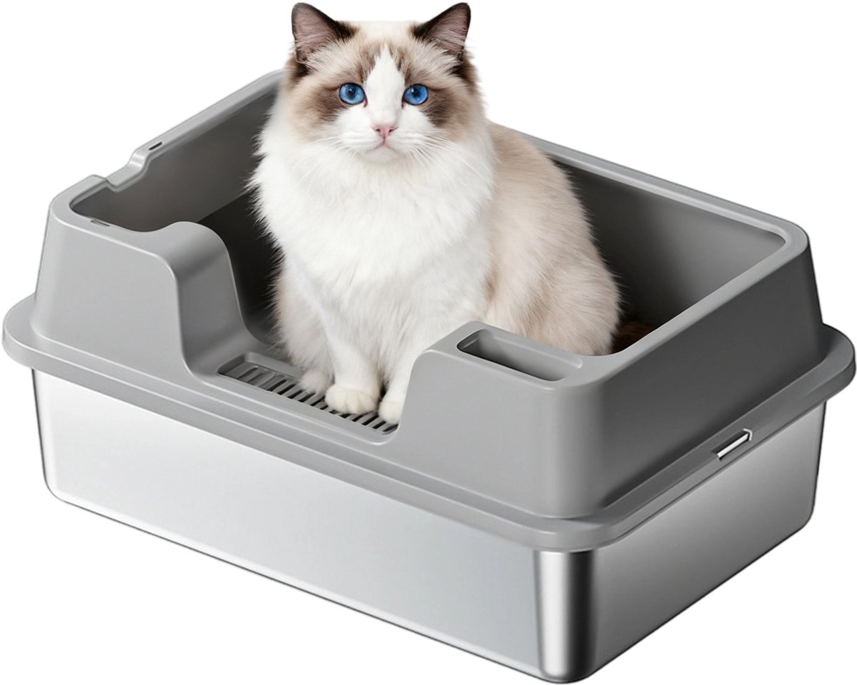 RVS Kattenbak - Kattentoilet Roestvrijstaal - Open Kattenbak - Incl. Kattenbakschep met Houder en Gritopvang Opstapje - 60x35x22cm - Grijs