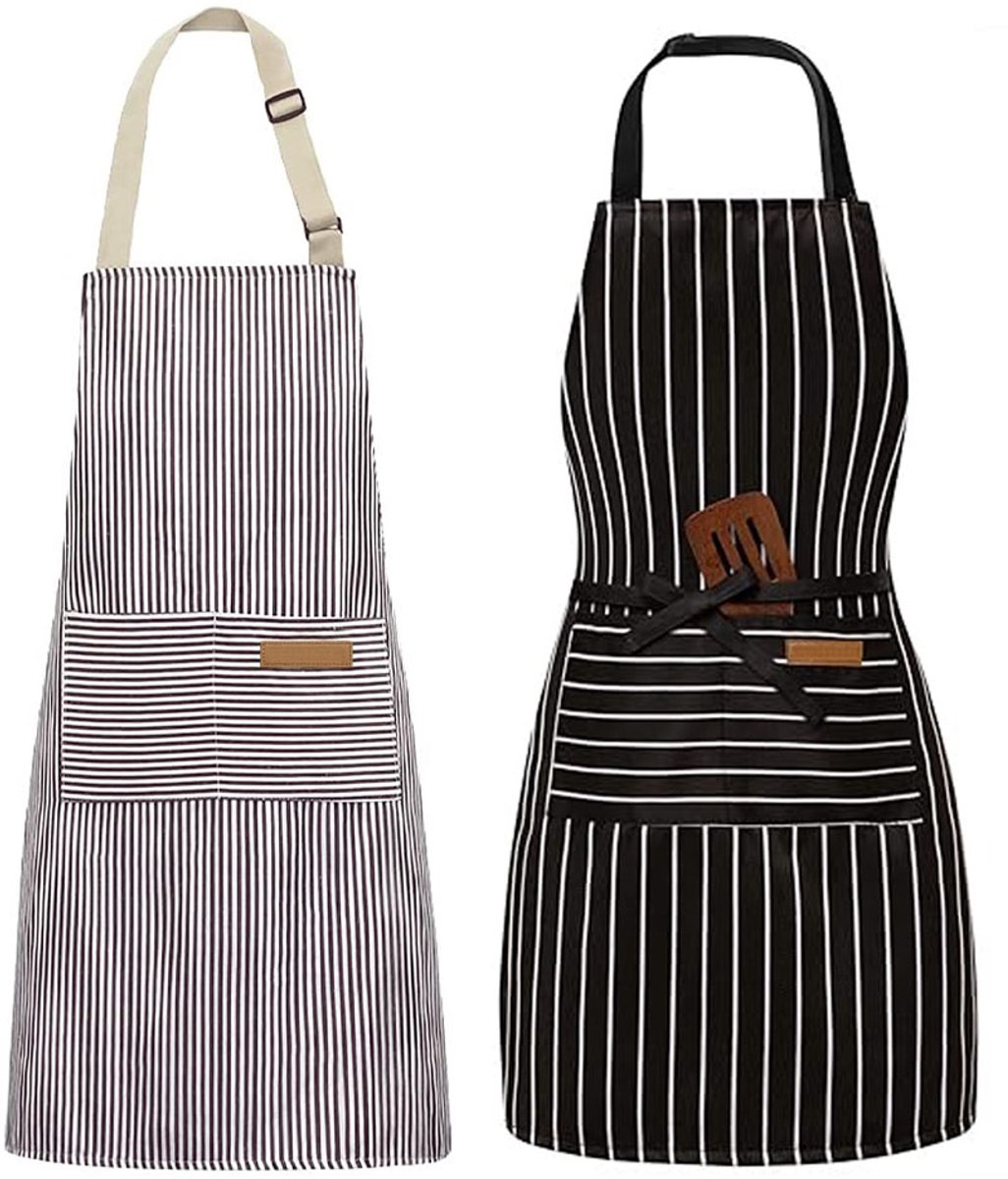 MDUG Tweedelig verstelbaar schort in slabbetjesstijl - met twee zakken - unisex - zwart gestreept en grijs gestreept - koksschort voor keuken en restaurant