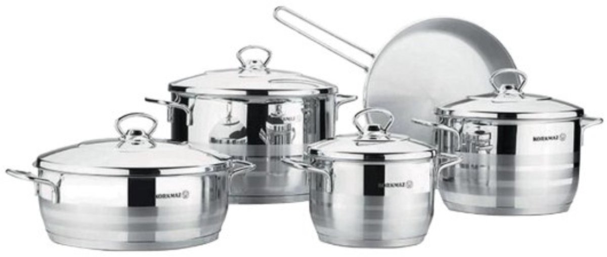 Korkmaz Kookpannenset 9-Delig RVS 18/10 Cr-Ni – Complete Pannenset met Deksels en Koekenpan – Inductie Geschikt – Geschikt voor Alle Warmtebronnen – Ovenbestendig tot 250°C – Professionele Kookpannen – Vaatwasmachinebestendig – Premium KwaliteitCeyiz
