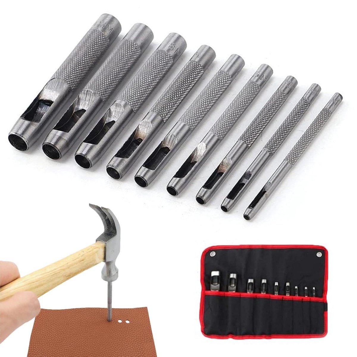 Allecta - 9-delige Staal Holle Lederen Punch Set voor Leer, Horlogebandje en Meer