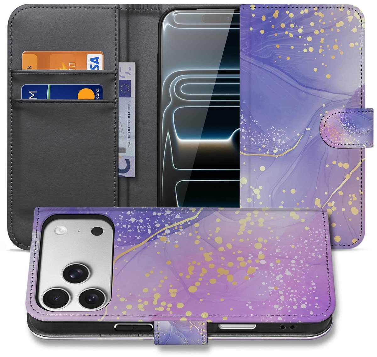 Watercolor Paars Hoesje Apple iPhone 17 Pro Max PU-Leer Met 3 Pasjes