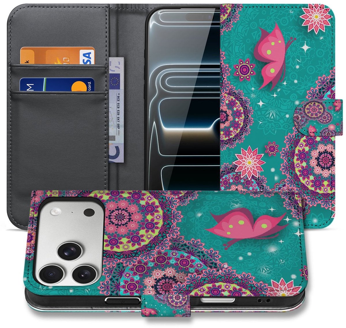Apple iPhone 17 Pro Max Bookstyle Hoesje Met Pasjes Cirkels en Vlinders