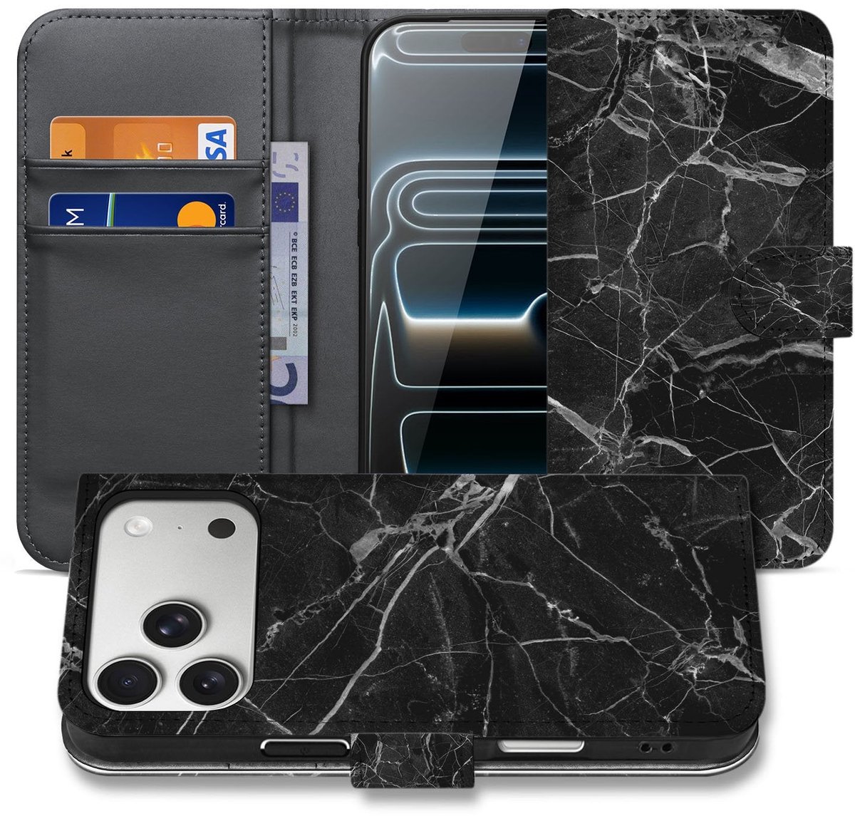 Apple iPhone 17 Pro Max Bookcase Zwart Marmer Met Pasjesvak Luxe