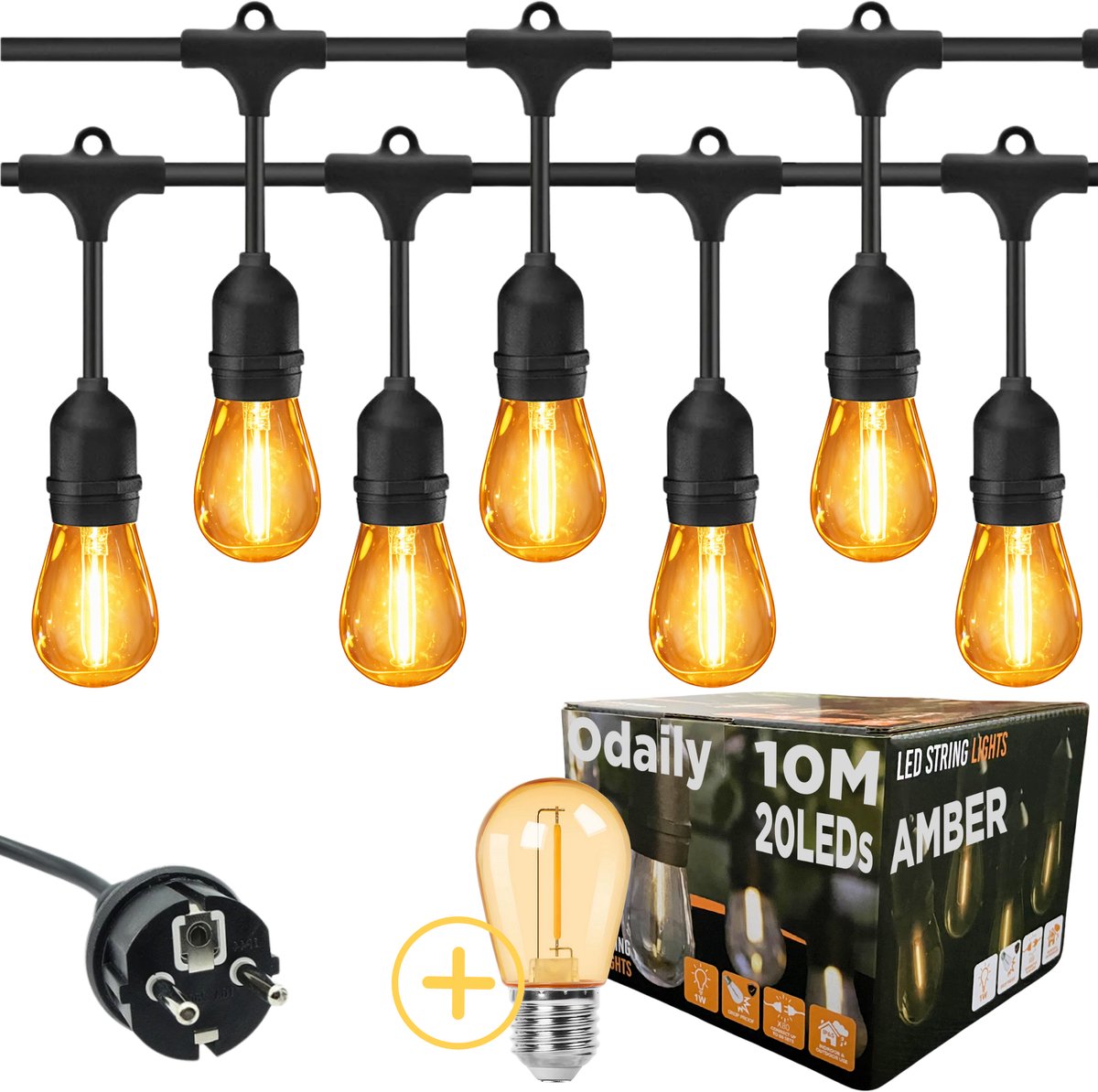 Odaily Lichtsnoer Amber - 10 Meter - 20 LED Lampen - Extra Warm Wit Licht - Professionele Kwaliteit