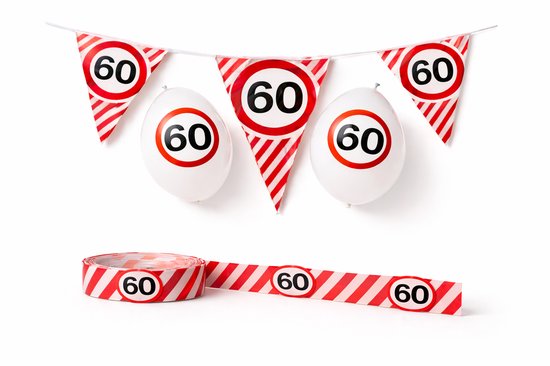 Verjaardagsversiering voor een 60e verjaardag met slingers, ballonnen en afzetlint.