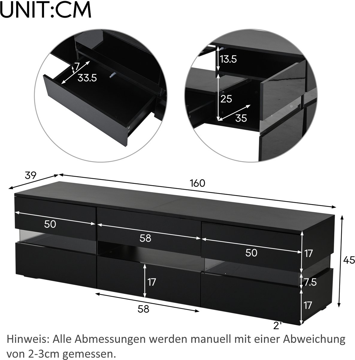 Modern hoogglans tv-meubel, 160x39x45 cm, met ledverlichting, 2 deuren, 1 lade, open vak, geschikt voor tv's tot 70 inch – met inzetstuk van acrylglas en push-to-open mechanisme, hoogglans tv-standaard, zwart