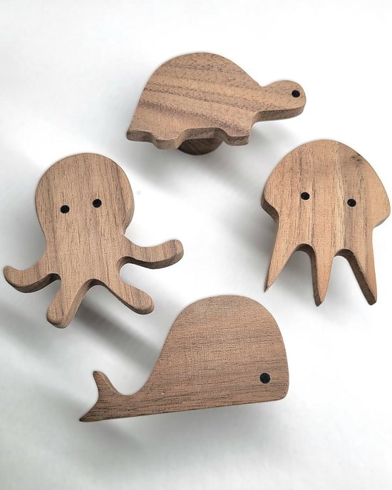 Kindergarderobe van massief eikenhout, Scandinavische dieren, wandgarderobe, haaklijst, fotolijst, kinderkamer, hal, ingang, beer, eland, wolf