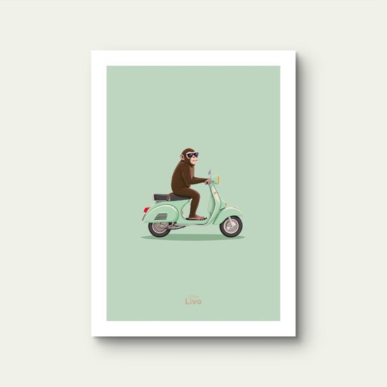 Affiche enfant - Little Livo - Le Singe Scooter Cool - 21cmx30cm - 250 g/m2 papier - Finition mate - Décoration murale