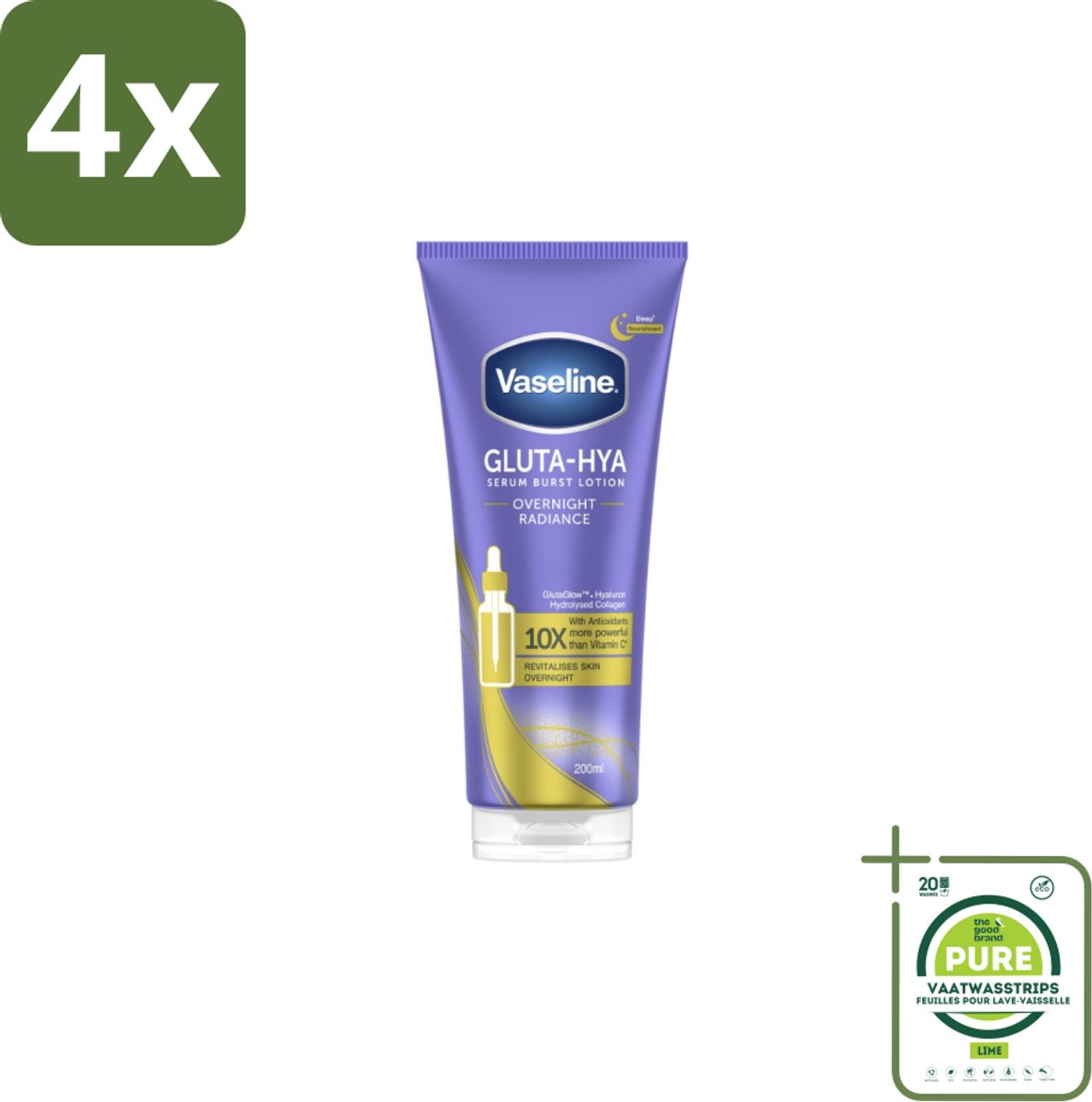 Vaseline – Gluta-Hya Serum – Overnight Radiance – 200 ml - Voordeelverpakking - 4 stuks - Nachtelijke huidverzorging - Stralende huid