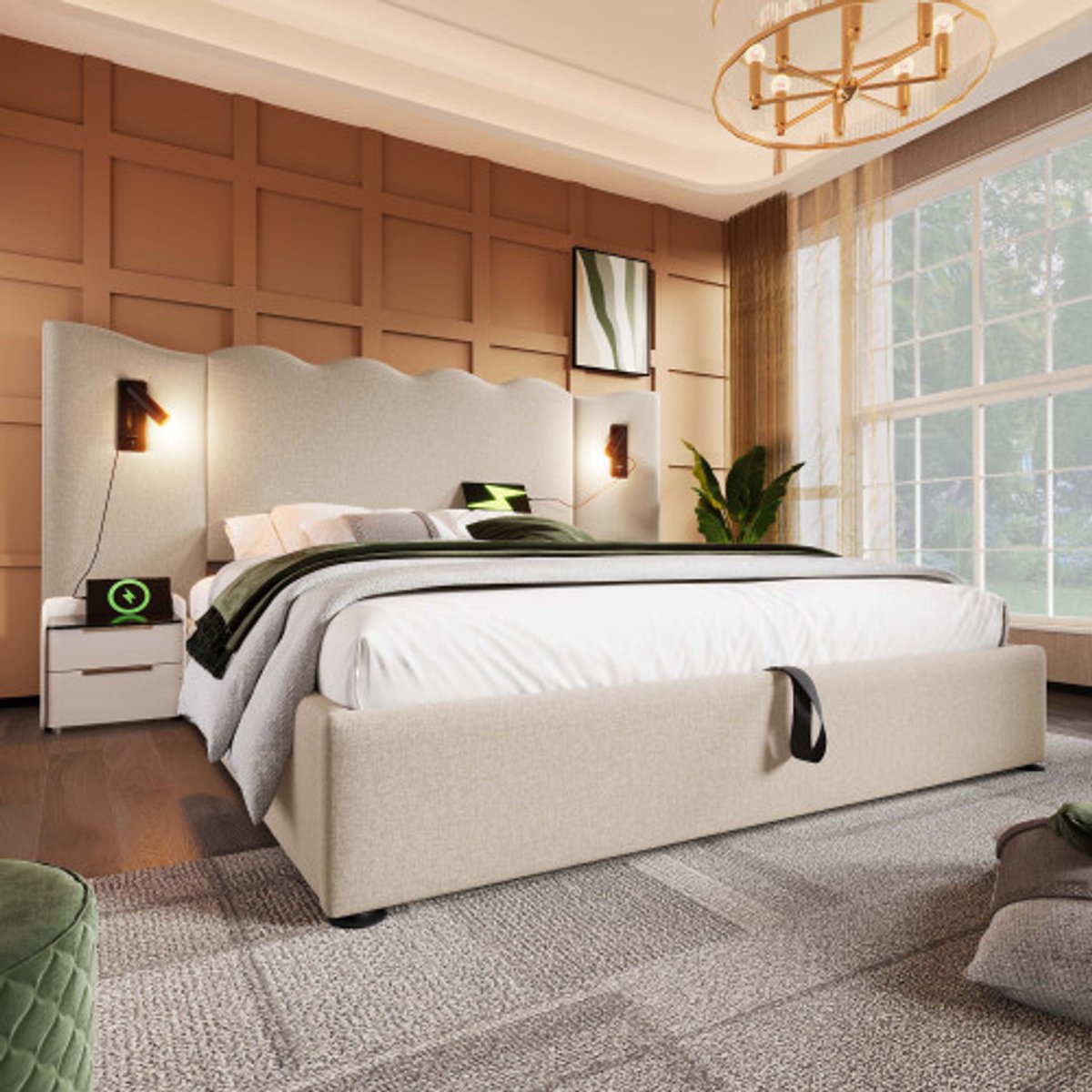 Gutent-Gestoffeerd tweepersoonsbed 180x200 cm met opbergbed-bedframe met lattenbodem-beige-linnen (zonder matras)