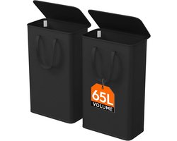 Set van 2 Smalle Wasmanden - Met deksel - Zwart - 65L