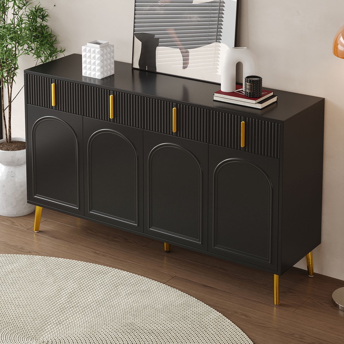 REDOM Luxe Dressoir met Gouden Poten (140cm) - Hotel Chique Sideboard / Opbergkast met Boog-motief & 4 Lades - Zwart Black