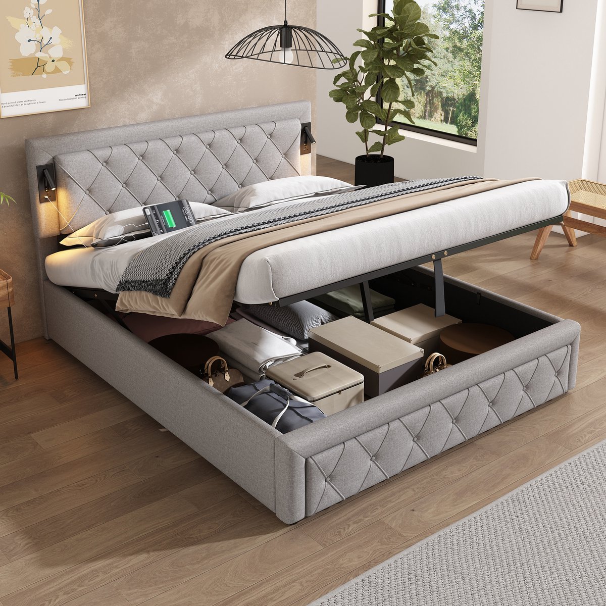 Wishdor Gestoffeerd Opbergbed 160x200 cm - Leeslampjes & USB - Hydraulische Lift - Grijs L