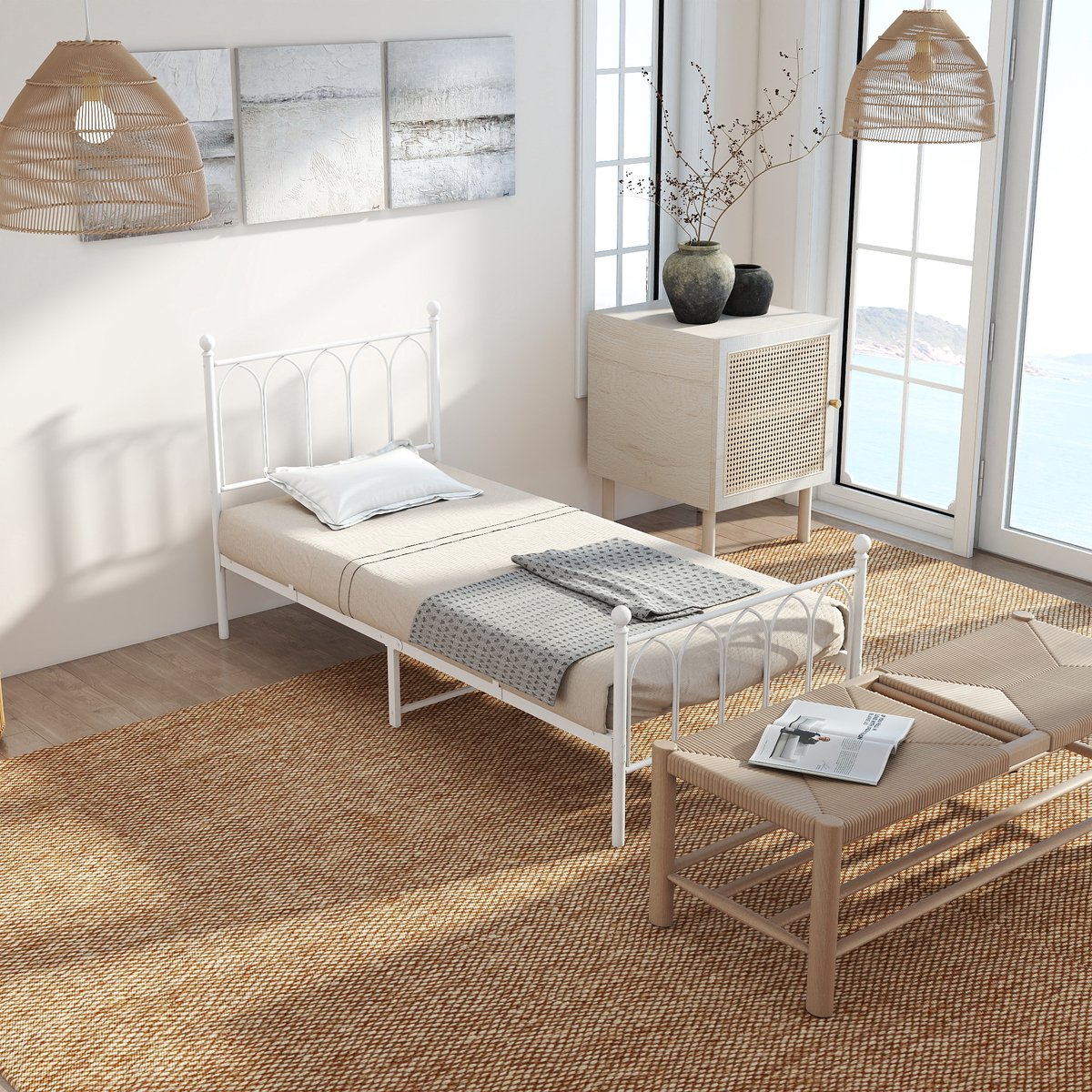 Wishdor Metalen eenpersoonsbed 90x200 cm wit met stevige stalen latten en opbergruimte onder het bed, zonder matras