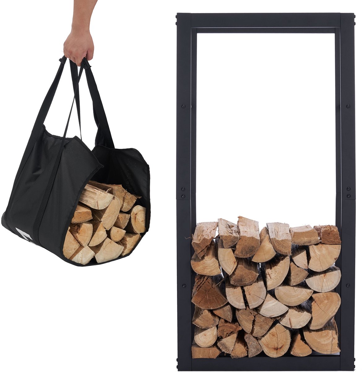 Lendo Online brandhoutrek 50x25x100cm + draagtas - Binnen en buiten - haardhout opslag – haardhoutrek – houtopslag – metaal