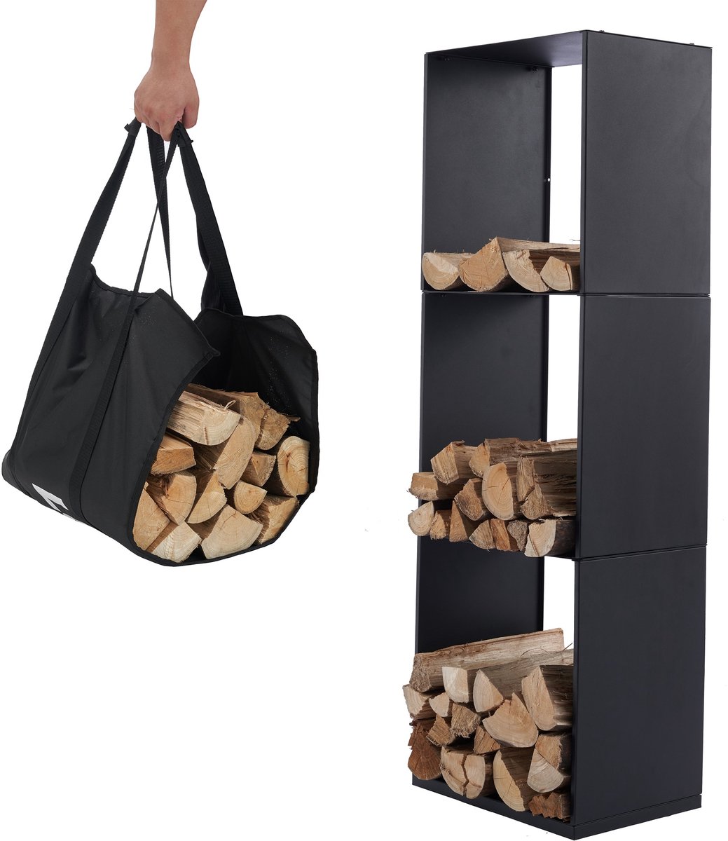 Lendo Online brandhoutrek 40x28x120cm + draagtas - Binnen en buiten - haardhout opslag – haardhoutrek – houtopslag – zwart - metaal