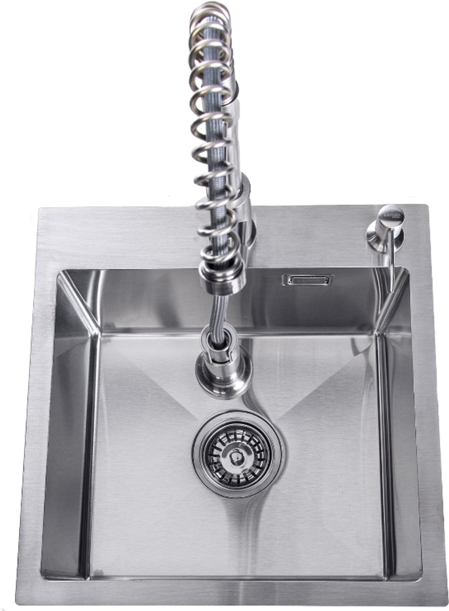 Lendo Online Spoelbak voor keuken met keukenkraan met uittrekbare uitloop en zeepdispenser 440x440x200mm (44x44x20cm) RVS - Roestvrij staal - Wasbak met waterafvoersysteem - Gootsteen + bevestigingshaken Binnenmaat: 39x35cm