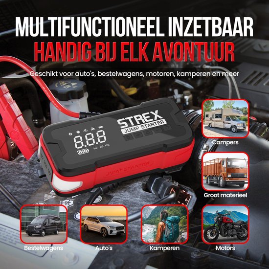 Strex 12V Jumpstarter voor Auto & Motor met Compressor - 4000A / 24.000 mAh - 5-in-1 Starthulp met Compressor, Powerbank, LED Zaklamp en SOS Noodlicht - Jump Starter - Incl. Hardcover