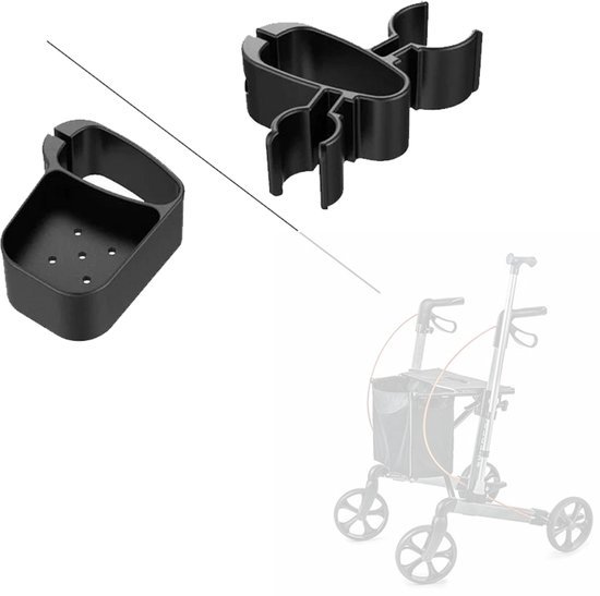 Zwarte stokhouder accessoires en een silhouet van een grijze rollator.