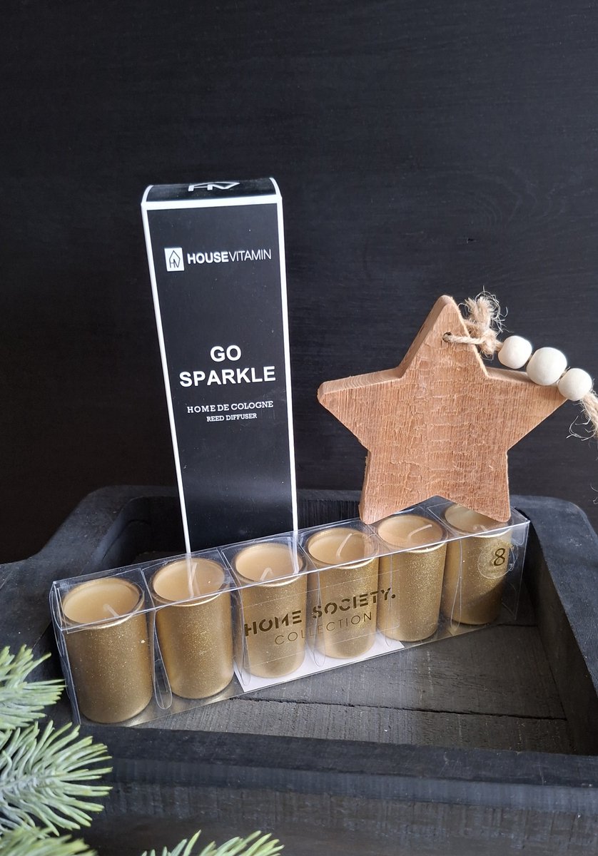 Mix en Match - Geschenkset - Cadeaupakket - Giftset - Kerstpakket - Kadoset - Home & Living - Mini kaarsjes goud - Geurstokjes - Kersthanger ster