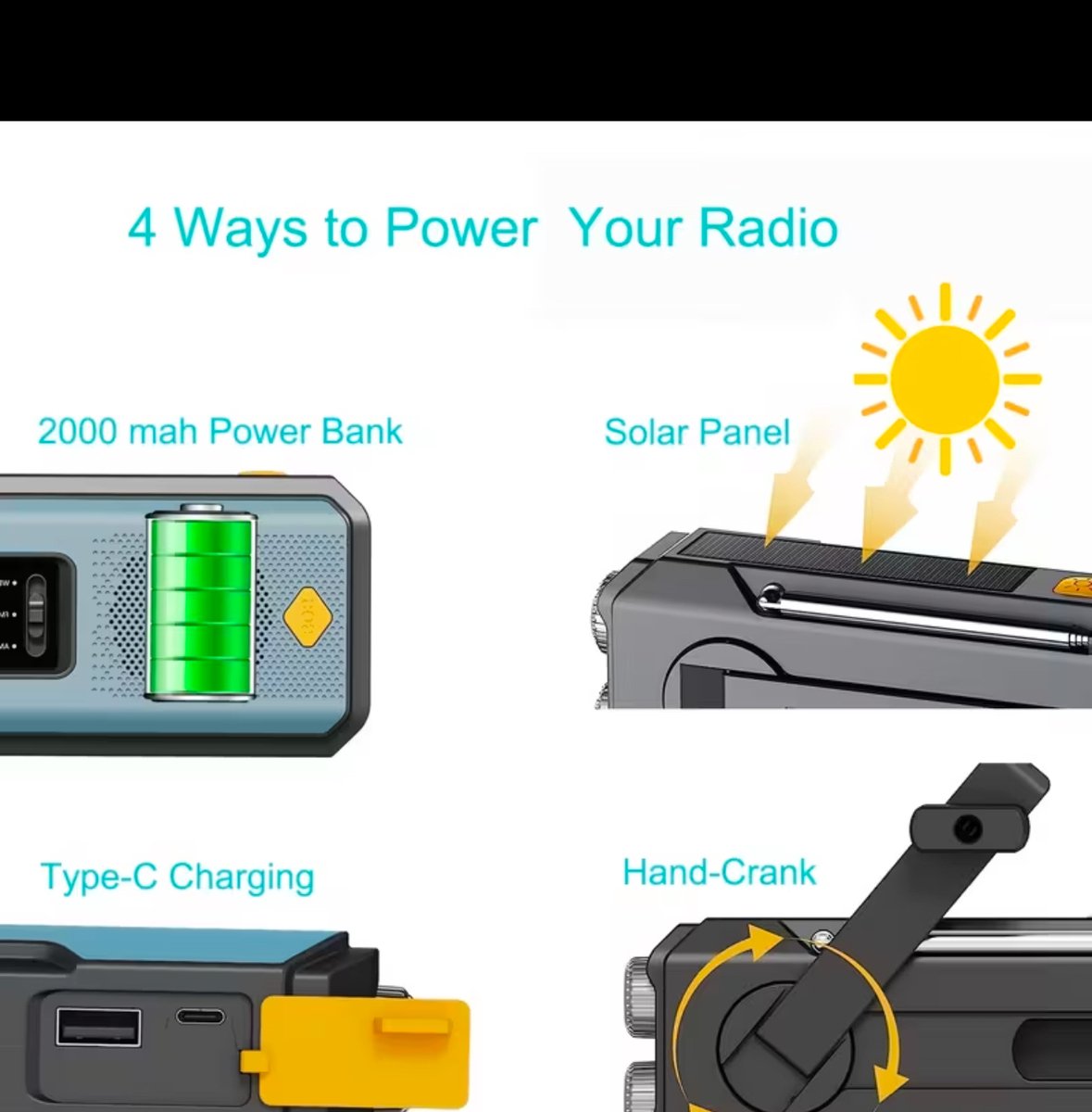 DOLUCKY Draagbare noodradio, Zonne-energie Draagbare Radio - AM/FM Radio 2000mAh Powerbank, Dynamo,LED Zaklamp, USB-Telefoonoplader, SOS Alarm, Kompas - Voor Camping, Orkanen Overleving zwart